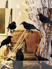 5 件万圣节黑乌鸦套装，复古风格，配有逼真的人造羽毛 - 万圣节派对装饰道具，栩栩如生的塑料乌鸦，适合季节性室内装饰，无需用电