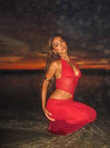 Vestido transparente de mujer con cuello halter en V profunda, costura asimétrica y diseño sexy, ideal para fiestas, citas, clubes, eventos, bodas, Navidad, invitadas de boda, vestido de hada, vestido con hombros descubiertos