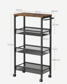 4-Tier Rolling Cart, Narrow Kitchen Cart, Niche Shelf On Wheels, Steel, Handle, For Small Spaces, 22 X 45.4 X 77 Cm, Kitchen, Bathroom, Living Room, Study, Vintage Brown-Black