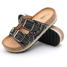 Womens Slides With Cork Footbed Open Toe Adjustable Webbing Flat Sandals For Walking | Beach | Indoor POWDER-03 - 黑色 - 查看 9