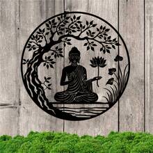 1pc Intricate Zen Buddhist Statue & Floral Design Creative Metal Black Decorative Wall Hanging, Suitable For Living Room, Entryway, Meditation Room, Home Decor, Yoga Enthusiasts Gift, Blessing Ornament - Black - View 8