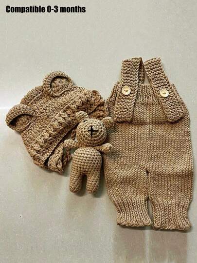 Ropa de fotografía para recién nacidos, traje de tirantes tejido a mano y gorro con orejas de oso para decorar como muñecas de oso de peluche