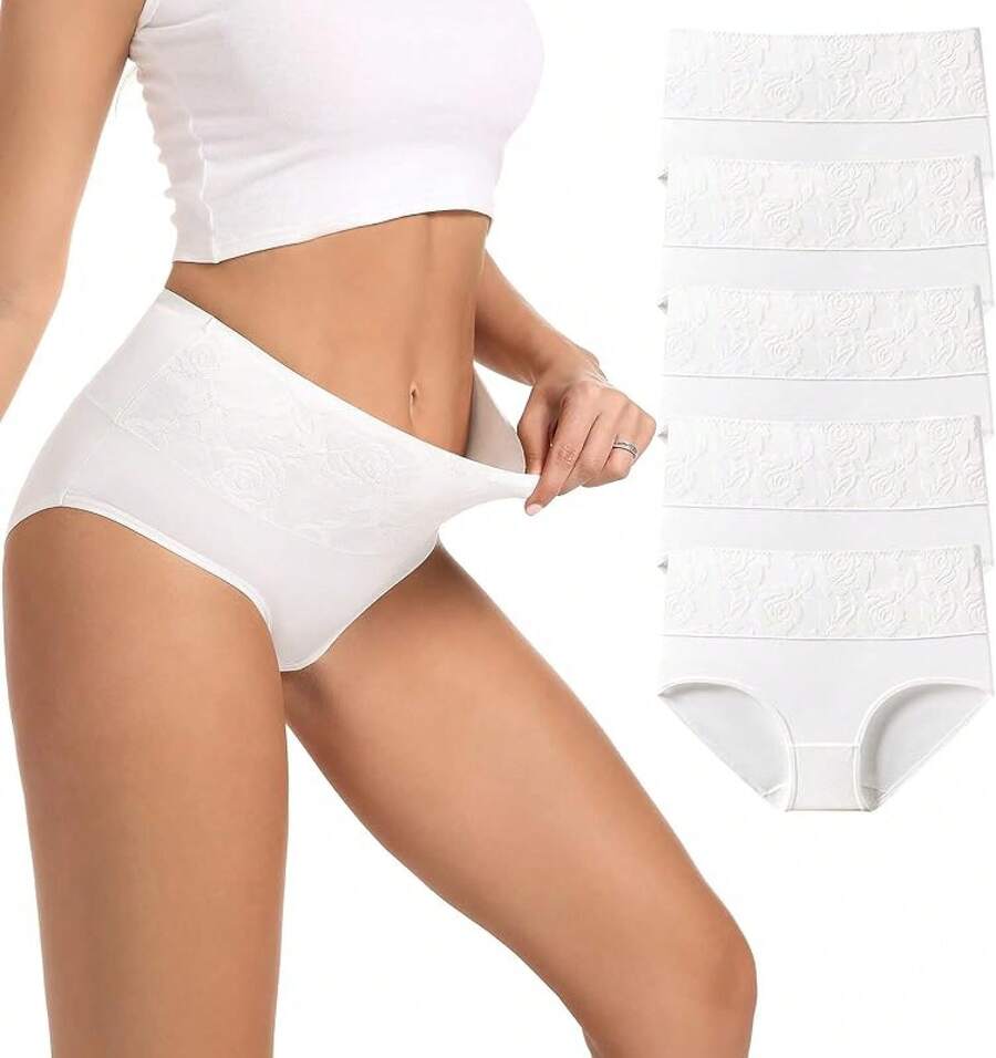 Women's Cotton High Waist Tummy Control Panties Jacquard Ladies Panty Multipack - Comfort - 簡報 04 - 5 件裝 - 白色 - 查看 1