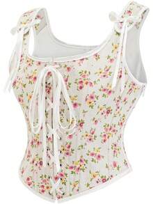 Womens Vintage 1920s Renaissance Lace Trim Corset Bustier, Retro Fashion - Cream Floral - View 3