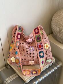 Dedoo Bohemian Style Women's Tote Bag, Large Capacity Open-Top Handbag, Beach Bag, Travel Accessory, Woven Texture, Suitable For Work, School, Beach, Crochet, Holiday (Flower Color/Position Random) (Strap Color/Pattern Random) - Pink - View 10