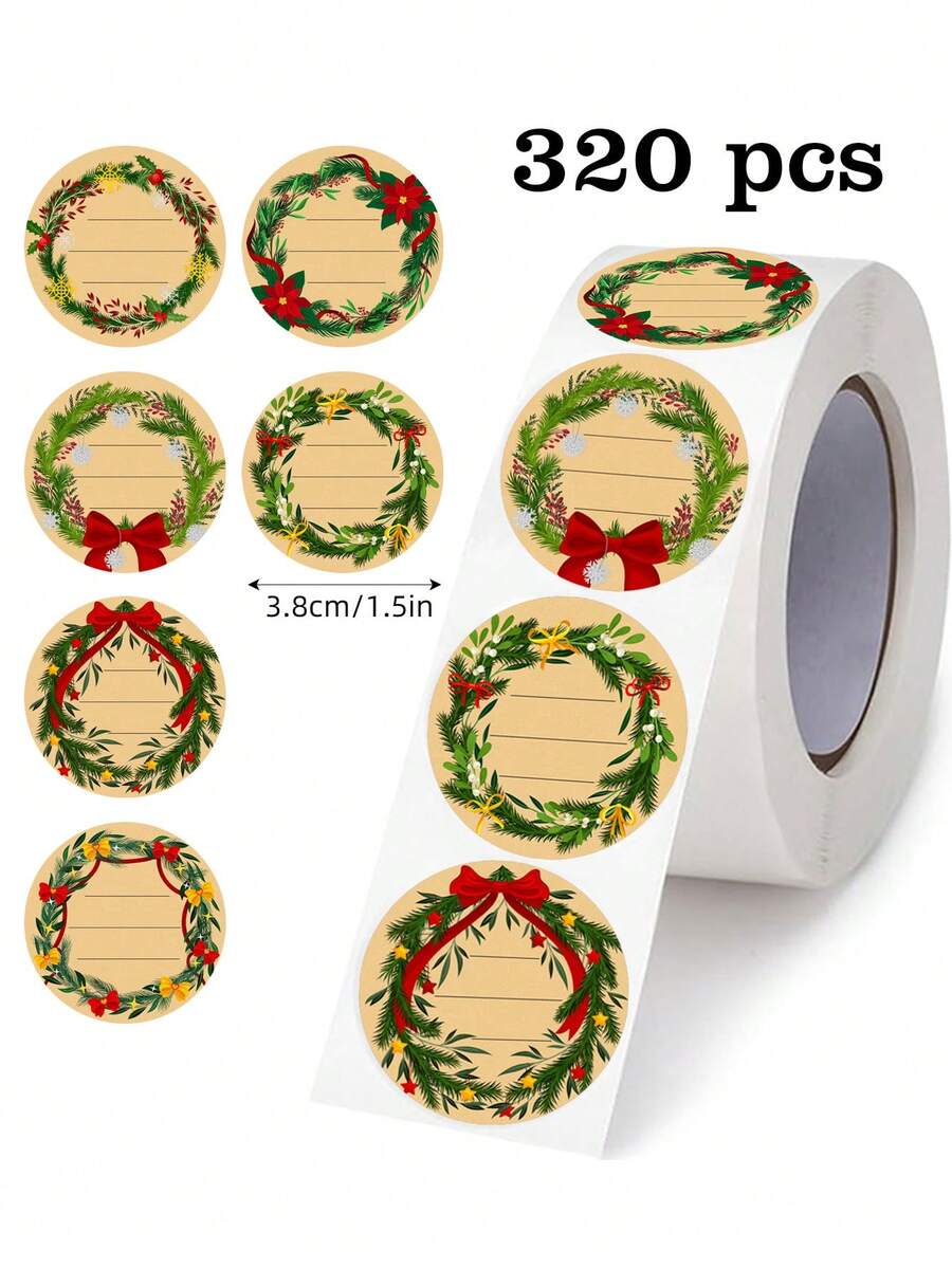 320 张/卷圣诞花环牛皮纸便签卷，6 种图案，大尺寸 3.8 厘米，礼物、卡片、婚礼、圣诞节、节日派对、礼品、信封、卡片 DIY 装饰、可写便签贴纸、PVC 贴纸、学校用品、返校 - 彩色 - 查看 1