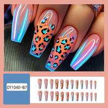 Uñas postizas cuadradas medianas con diseños de Glow Haven, uñas falsas acrílicas de longitud media con forma cuadrada, uñas en forma de ataúd cortas artificiales con encantos, adhesivo para uñas postizas para mujeres y niñas (CY1040) - Línea dorada y diamantes de imitación azules - Ver 7
