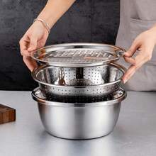3 PiecesFood-Stainless Steel Kitchen Prep Set: Integrated Grater, Multifunctional Strainer, And Mixing Bowl With Drainage System For Washing, Slicing Fruits, Vegetables, And Cheese