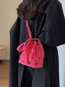 Y2k 美学单肩包 - 刺绣心形抽绳粉色迷你水桶包，女士斜挎包 | 可爱休闲和约会之夜时尚配饰，多用途单肩包 - 斜挎/斜跨/手提刺绣水桶包