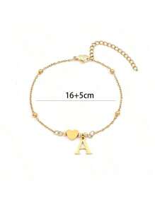 1pc Fashion Stainless Steel Heart Initial Bead Chain Bracelet For Women