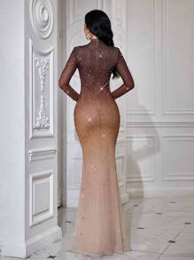 QOQ Vestido de noche largo de gala de lujo con mangas largas, cuello alto, pedrería, diseño de cola de sirena y borde de rhinestones para bodas, eventos de verano y cócteles