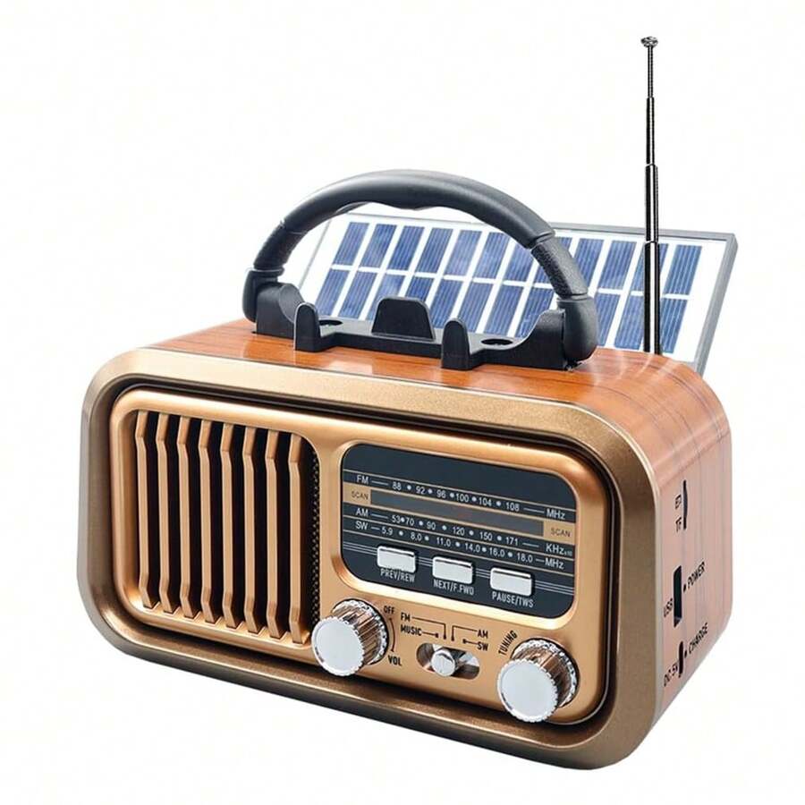 J-150 Portable Radio AM FM SW Bluetooth, Retro Radios Vintage Transistor With Best Sound, Solar/D Battery Operated/USB Rechargeable, TWS, Support TF Card/USB Playing - 棕色 - 查看 1