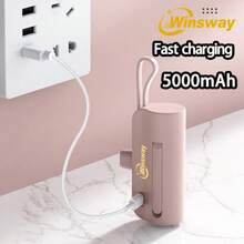 Winsway 5000mAh Portable Capsule Power Bank With Built-In Type-C Dual Interface And Mobile Phone Holder, Can Be Taken On Board. The Design Is Compact And Easy To Carry. - Pink - View 5