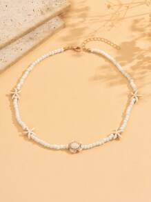 1 pièce Collier à perles de thème océanique de vacances bohème avec décoration de tortue de mer et étoile de mer, collier ras-du-cou polyvalent pour femmes, convient pour le port quotidien, les fêtes de plage, les sorties et les festivals de musique