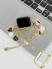 2 件 表带和 表壳，金色奢华心形大珍珠表带，适合女士时尚百搭，兼容 系列 10/9/8/7/SE/6/5/4，38 毫米 40 毫米 41 毫米 42 毫米 44 毫米 45 毫米 46 毫米 49 毫米，适合女士的智能表带，手链腕带可作为礼物，送给女朋友的礼物，可调节 表带