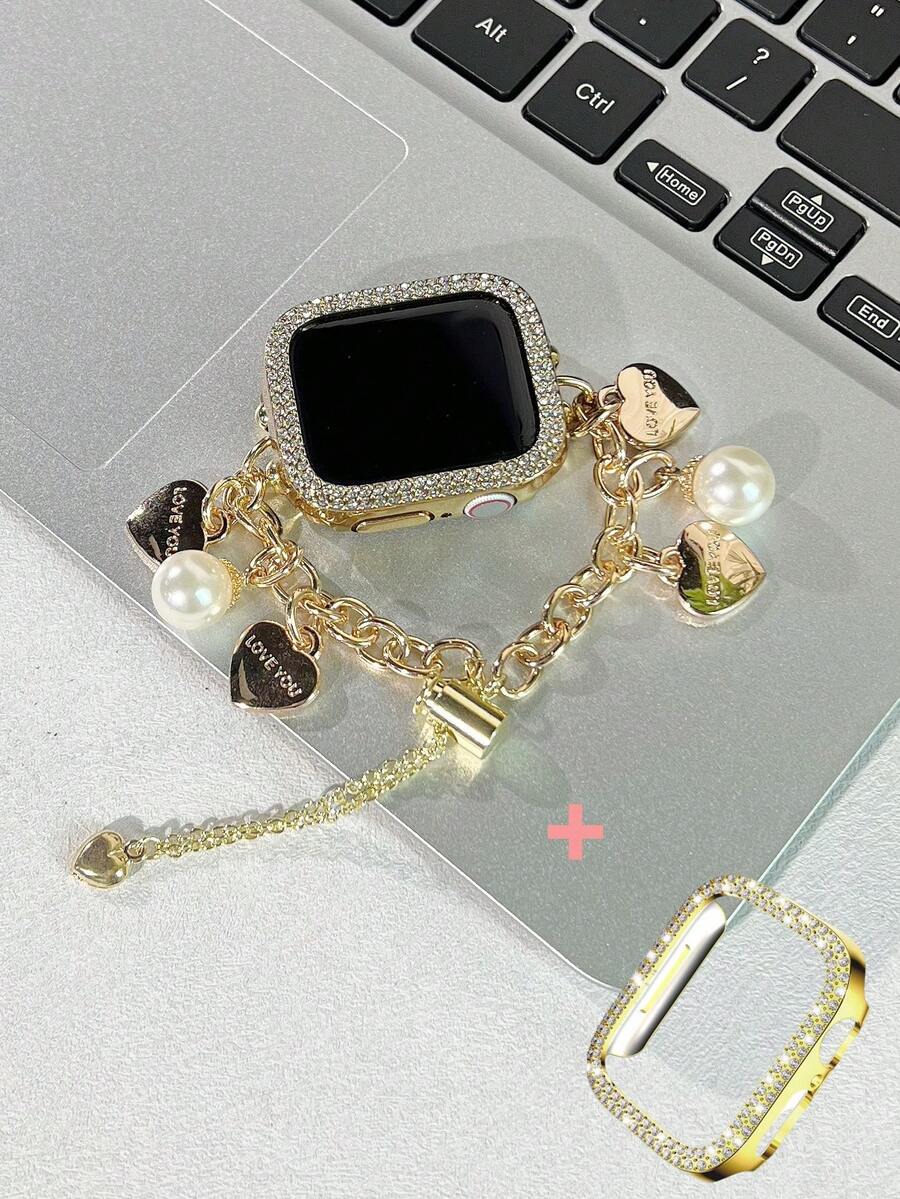 2 件 表带和 表壳，金色奢华心形大珍珠表带，适合女士时尚百搭，兼容 系列 10/9/8/7/SE/6/5/4，38 毫米 40 毫米 41 毫米 42 毫米 44 毫米 45 毫米 46 毫米 49 毫米，适合女士的智能表带，手链腕带可作为礼物，送给女朋友的礼物，可调节 表带
