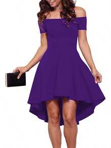 2025 Cocktail Party Off Shoulder Short Sleeve High Low Skater Dress Homecoming Dresses For Teen - Màu tím - Xem 1