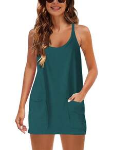Women's Summer Sleeveless Mini Dress With Built-In Shorts - Darkgreen - View 6
