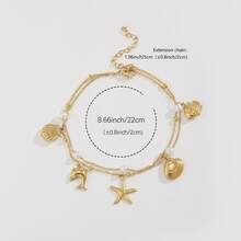 1 件女士优雅时尚不锈钢脚链，带海星、海豚、贝壳装饰，波西米亚海滩、度假、购物服饰 - 金色 - 查看 7