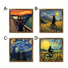 1 幅 2D 平面黑猫与水果碗壁画 - 复古木框油画，梵高风格星夜装饰，适合客厅、卧室、办公室 - 独特的家居礼物创意，桌面装饰，趣味设计，木框，2D 平面艺术品