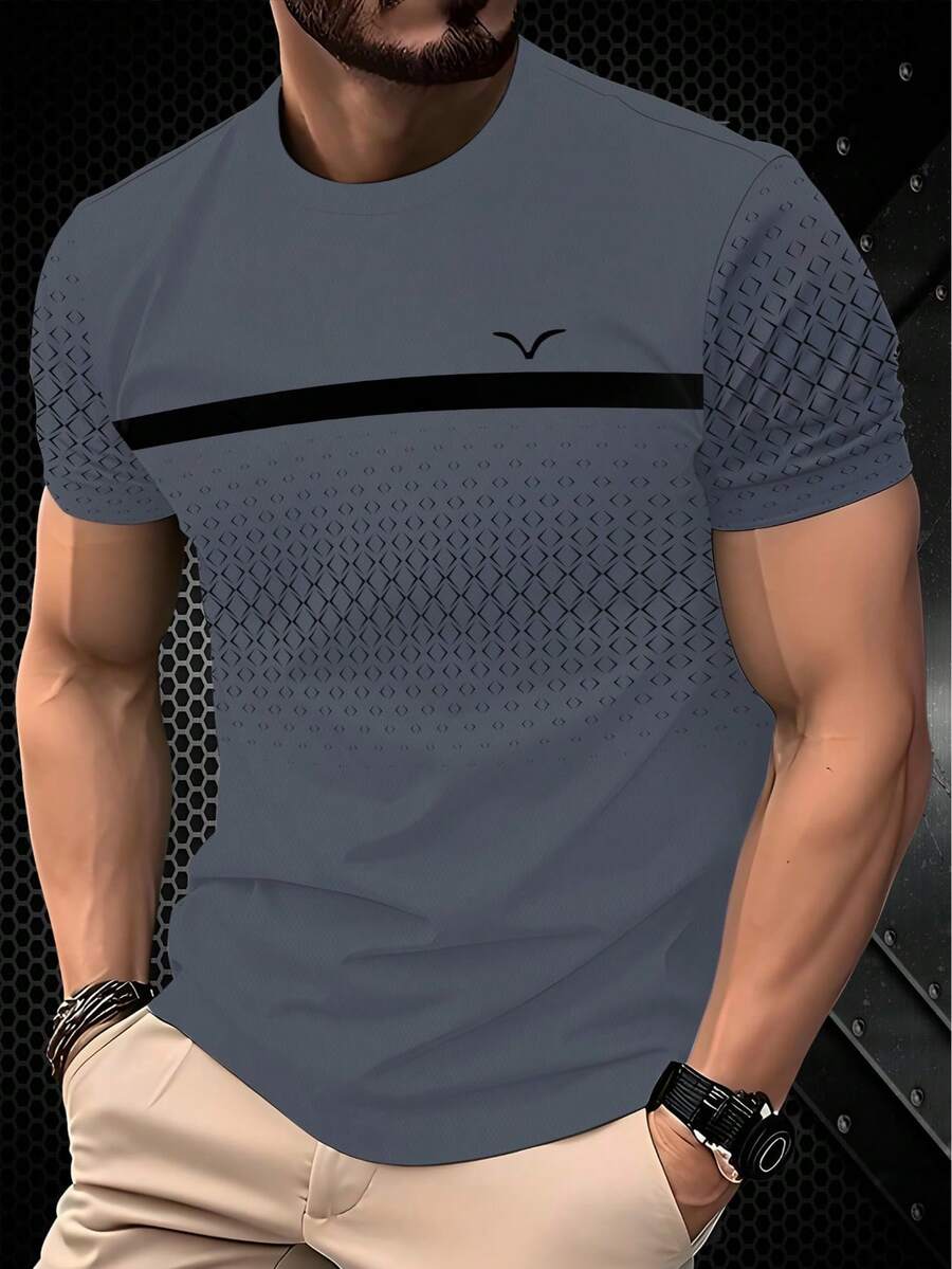 男士时尚拼接短袖T恤，100%涤纶，几何格纹与纯色拼接简约套头衫，透气轻薄夏季面料