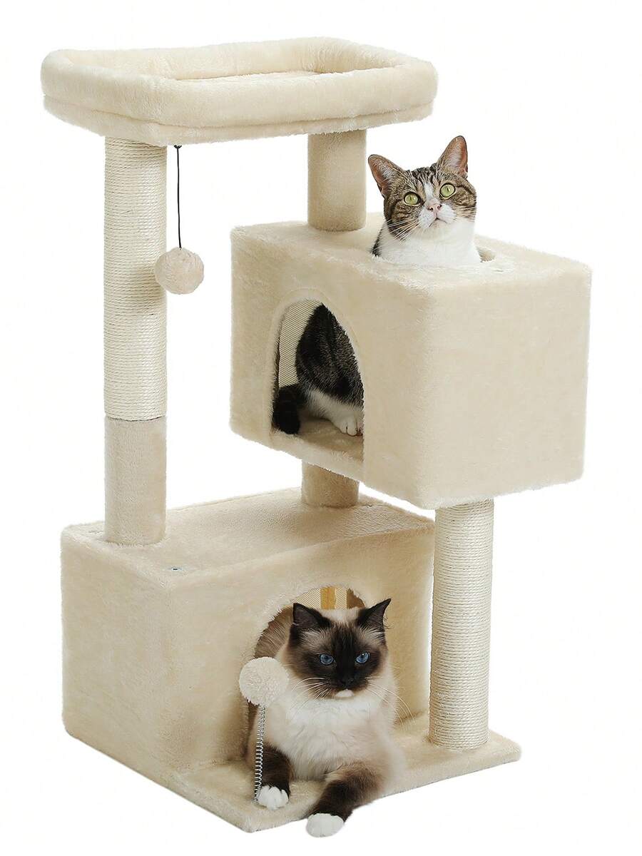 PETEPELA Cat Tower 80cm High, Low, Mini, Slim, For Large Cats, Cat Tower, Scratching Post, Compact, Scratching Pole, 2 Cat Houses, Freestanding, For Multiple Cats, Senior Cats, Old Cats, Kittens, Easy To Climb, Natural Sisal Hemp, Toys Included, Cat Bed - Beige