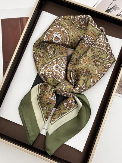 1pc Women Bandana 26.77"/68cm Faux Silk Printed Square Scarf, Women Fashion Breathable Multifunctional Headband, Neckerchief, Wrap Accessory For Dress