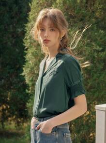 Simple Retro Blusa de verano con estilo retro elegante con botones encontrados, bordados y mangas cortas, para mujer, ideal para uso casual o de vacaciones durante la primavera y el verano