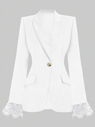 Trendig och elegant svart enfärgad spets-lapptäckskavaj