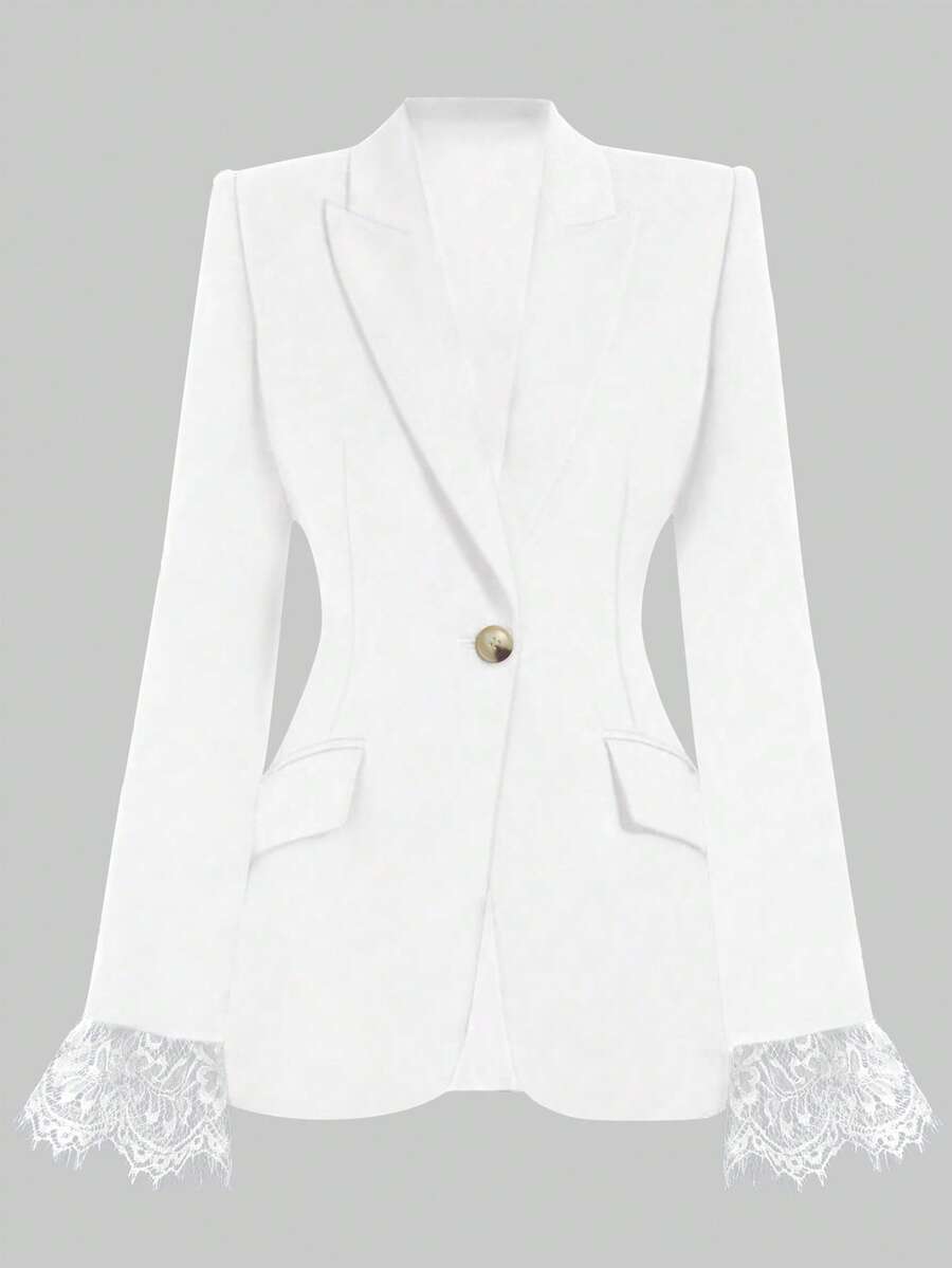 时尚优雅的黑色纯色蕾丝拼布西装外套 - 白色 - 查看 1