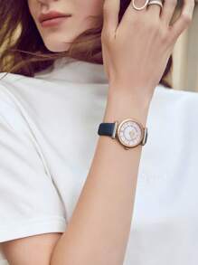 FION Women's Leather Quartz Watch With Mother-Of-Pearl Dial Watch For Ladies Elegant Wrist Analog Watch With Adjustable Strap