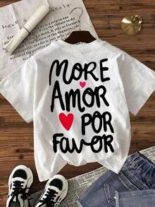 Camiseta casual de manga corta y cuello redondo con eslogan impreso para mujeres, de verano - Blanco - Ver 3