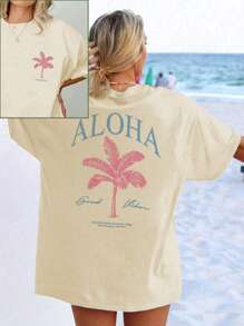 Ladies' Spring And Summer New Palm Tree Slogan Print Daily Casual Round Neck Short Sleeved T-Shirt Fashionable Vacation Style, Your Daily Necessity. Graphic Tees Women White Top Black Top Pink Top Vacation Outfits Women