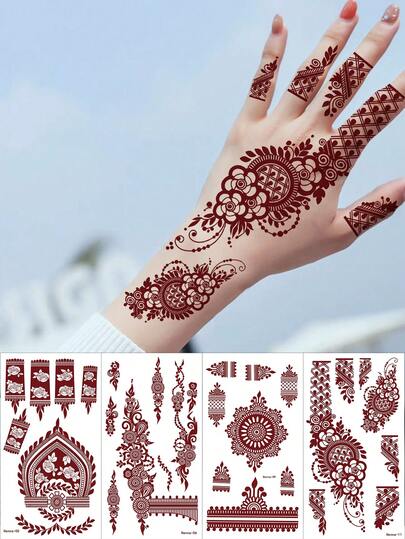 4张海娜临时纹身贴纸，棕色海娜蕾丝花卉防水纹身贴纸，适用于手部和身体彩绘，水转印身体贴纸