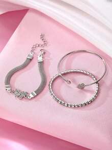 3pcs Luxury Simple Personalized Rhinestone Butterfly & Heart Design Stacking Bangle Bracelet Set For Women, Elegant - 銀色 - 查看 4