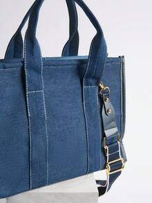 Fashionable Classic Casual Color Block Double Handle Handbag, With Large Capacity, Lightweight And Portable Square Bag, Can Be Hung On The Side, University Style Canvas Bag, Suitable For Travel Shopping, Commuting To Work, Outdoor Sports And Campus Use. Winter Gifts - Blue - View 3