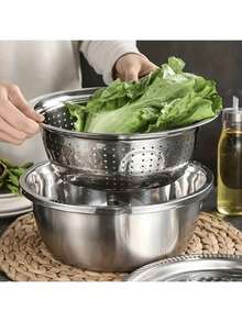 3 Pieces Stainless Steel Kitchen Prep Set: Integrated Grater, Multifunctional Strainer, And Mixing Bowl With Drainage System For Washing, Slicing Fruits, Vegetables, And Cheese Christmas Stocking Fillers,Gifts,Funny Gifts,Ramadan,Personalised Gift, - Multicolor - View 7