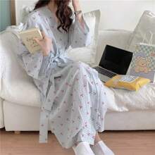 1pc Spring Autumn New Style Long Robe Bathrobe Loungewear Robe For Women, Minimalist Plaid Casual Homewear