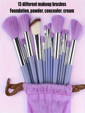 13 pièces Ensemble de pinceaux de maquillage mini violet - Ensemble de voyage portable à poils doux, incluant des pinceaux pour le fond de teint, les ombres à paupières et les lèvres, avec un sac de transport - Poils de nylon inodores, convient à tous les types de peau