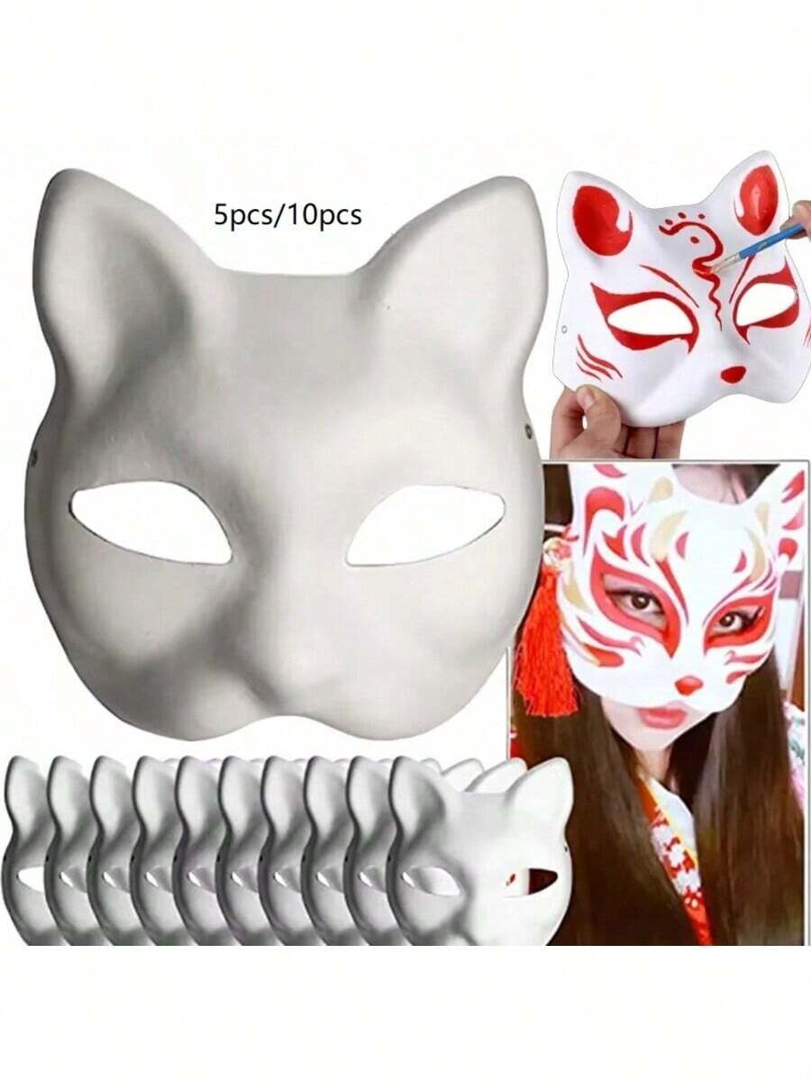 5/10PCS Therian Masks White Cat Fox Masks Blank DIY Halloween Mask Animal Half Facemasks Masquerade Cosplay Party (With Elastic Band) - White - View 1