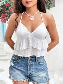Women Y2k Tank Top Spaghetti Strap Backless Ruffle Ruched Crop Top Flowy Peplum Babydoll Tops Streetwear - White - View 2
