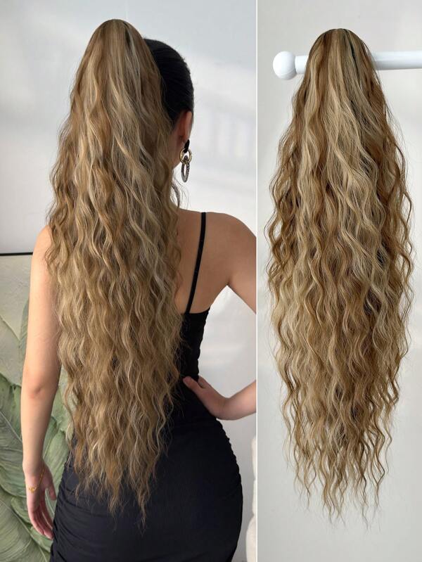 Claw Ponytail Extension 28 Inch Highlight Brown Long Water Wave Soft Natural Looking Synthetic Hairpiece For Women