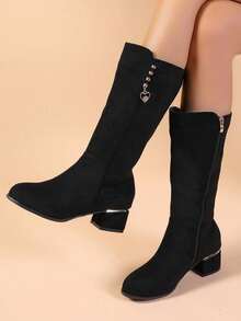 Women's 2025 Autumn/Winter New Long Boots, Thick Heel Suede Knee-High Boots, Side Zipper, Over-The-Knee Boots, Plus Size - Black - View 15