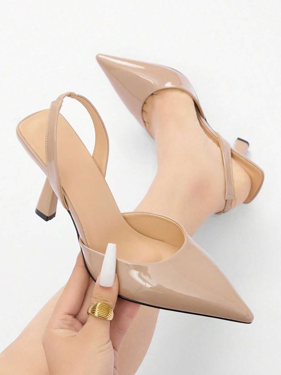 女士尖头踝带高跟鞋，简约时尚，适合派对、休闲、户外、日常通勤，杏色PU鞋跟，优雅