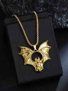 1pc European & American Gothic Style Bat Pendant Necklace, Halloween Gift Accessory, Large Gold-Tone Stainless Steel Gothic Jewelry Necklace, Personalized Black Necklace, Daily Wear For Men - New Bat Necklace - View 15