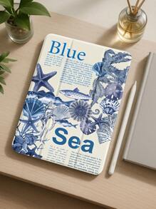 Beautiful Blue Starfish Shell Crab Puzzle Style Pattern Transparent Silicone Shock-Absorbing Bracket With Pen Slot, Suitable For Galaxy Tab A8 10.5, S6 Lite 10.4, S7/S8/S9Inch. It Supports Sleep Awakening As A Holiday Gift