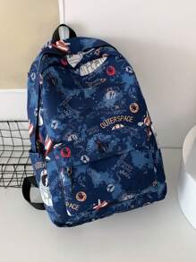 Casual Large Capacity Astronaut & Letter Print Multi-Pocket Functional Backpack, Unisex College Style Student Bookbag, Suitable For School, Study, Shopping, Travel, Back To School Season