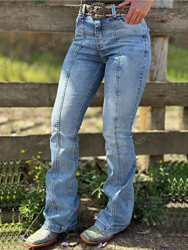 N.° 8461 Jeans de mezclilla vintage lavados con bordados y elásticos de estilo casual ajustado para mujeres