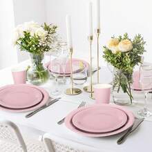 100Pcs Dusty Pink Tableware Set Disposable Dinnerware Set 50Pcs Paper Plates 25Pcs Napkin 25Pcs Cups For Wedding Birthday Bride Shower Party Table Decor - 粉色 - 查看 8