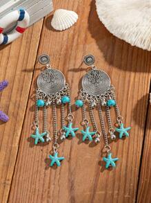 1 par de pendientes de gota con borla con diseño de estrella de mar estilo retro, joyería de playa para mujeres
